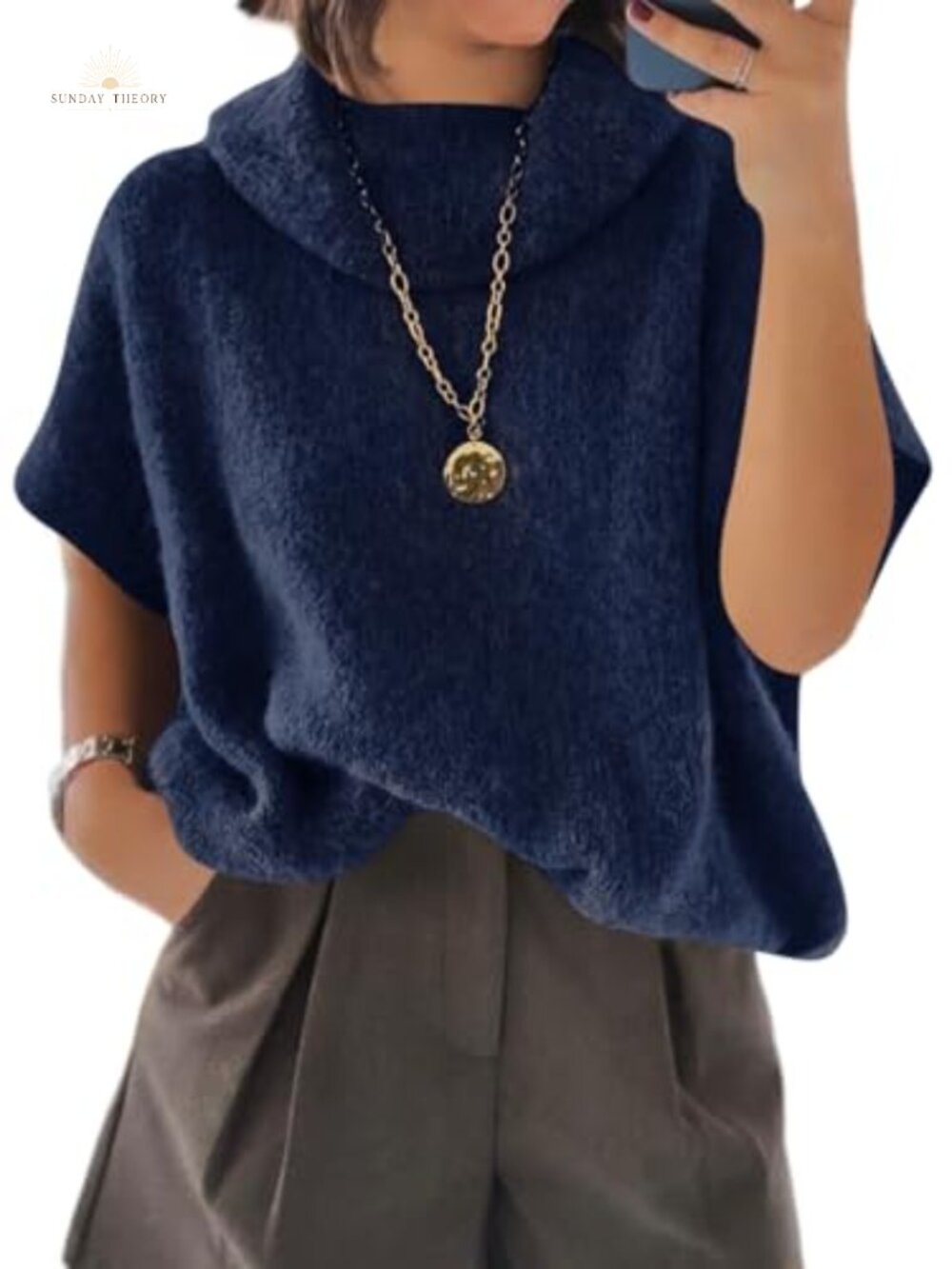 Womens Oversized Turtleneck Sweater Short Sleeve Pullover Chunky Knit